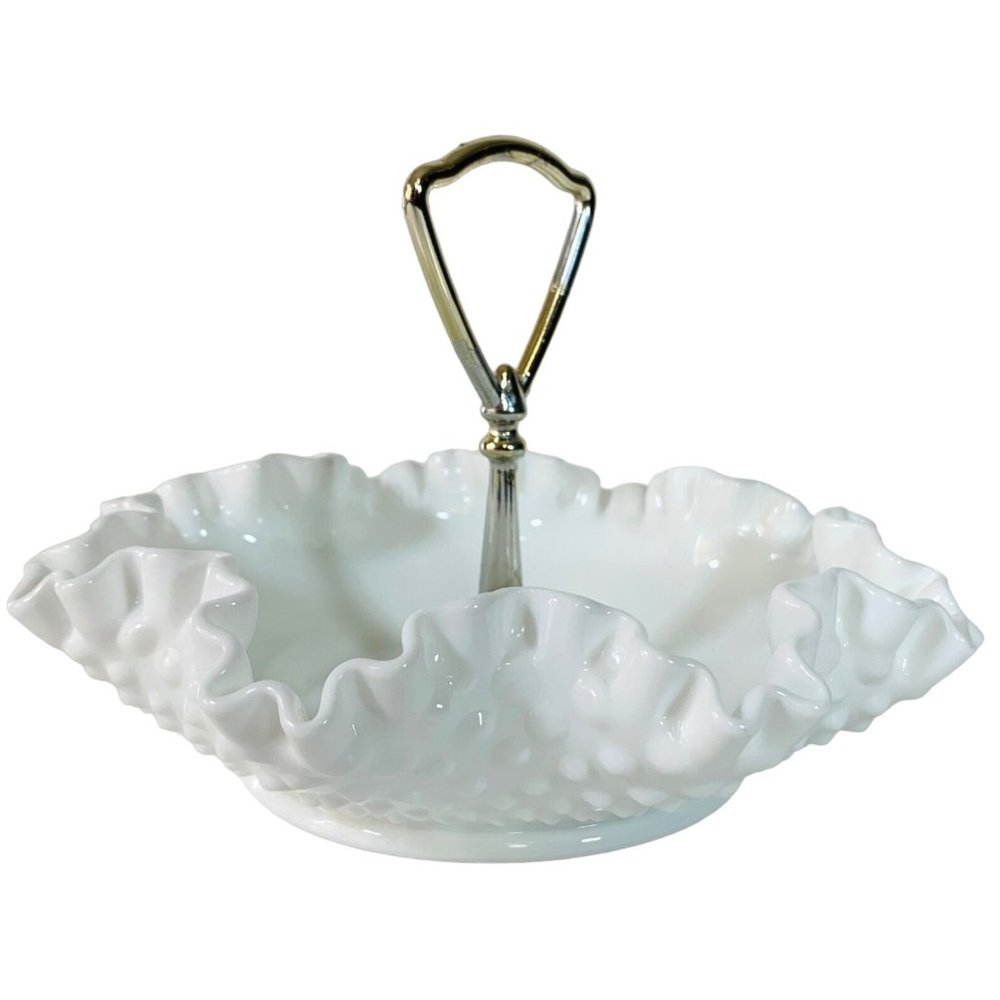 VTG Fenton Style Hobnail Mike Glass Bon Bon Tidbit Handled Dish Ruffle Crimped